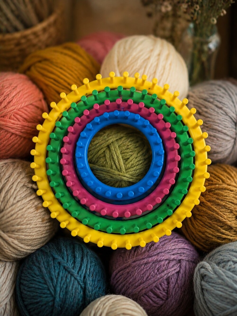 Knifty Knitter Knitting Loom Set - Circular Multicolor Rings Four Sizes With Peg